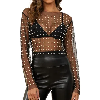 Naileksi Frauen Perlen Strass Sheer Mesh Crop Top Sexy Durchsichtig Langarm Slim Fit Cropped Bluse Shirt Clubwear, Z-schwarz, Groß - L