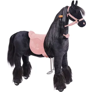 PONNIE Reitpferd mit Rollen Ebony M (5-12 Jahre), Spielpferd zum Reiten mit Abnehmbarer Rosa Sattel und Halfter mit Zaumzeug, Kämmbare Mähne und Schwanz, Plüschpferd zum Reiten für Kinder