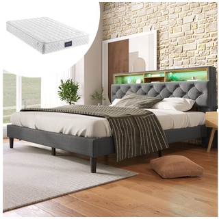 REDOM Polsterbett Doppelbett Stauraum-Kopfteil Bett (160x200cm Inklusive-Matratze), mit aufladen USB und LED-Beleuchtung Bettgestell Lattenrost aus Holz, Wingback-Kopfteil grau