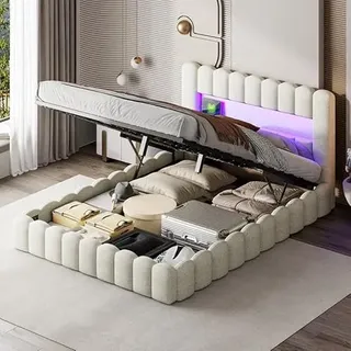 QMTXBYJ Polsterbett Doppelbett 180x200 mit Hydraulisch Stauraum, LED Bett 180x200 mit Bettkasten und Lattenrost, Staufach-Kopfteil mit USB Ladestation, Stauraumbett Funktionsbett aus Holz und Leinen