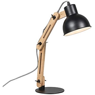 Qazqa - Modern Industrie I Vintage I Tischlampe schwarz mit Holz - Woodi I Wohnzimmer I Schlafzimmer - Rund - LED geeignet E14