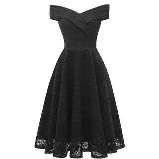SAMGU Frauen Spitze Prinzessin Kleid Vintage Floral Spitze Schmuck Cocktailkleid V-Ausschnitt Cocktail Party A-line Swing Kleid für Mädchen Black-S - S