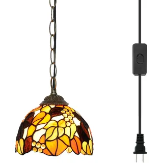 Tiffany Pendelleuchte Hängelampe Plug in Leuchte Orange Trauben Blätter Buntglas Hängelampe für Home Decor Esszimmer Wohnzimmer Arbeitszimmer Flur Küche Insel