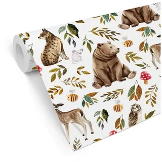 K&L Wall Art Mustertapete Waldtiere Reh Bär Maus Uhu Mustertapete Kinderzimmer Wald Vliestapete, Waldfreunde Tapete bunt 0.48 m x 5.28 m