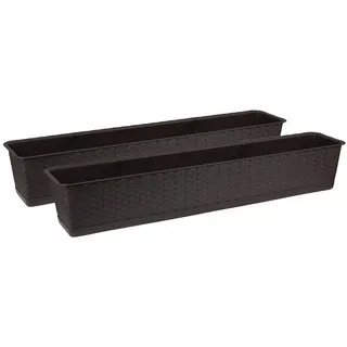 Tymar Blumenkasten mit Untersetzer, 2 Stück,Rattan, Balkonkasten, Pflanzkasten aus Kunststoff, Garten, Balkon, Terrasse((2pack) Braun, 60cm)