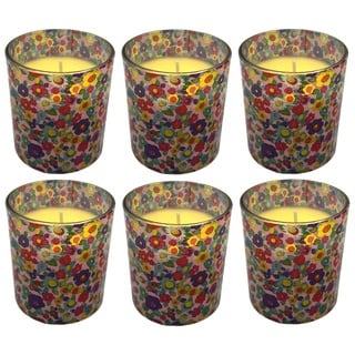 Kerzen im Glas ohne Duft - 6er Kerzen Set - Ø 7,2 bzw. 6,5 cm - Höhe 8 cm - 30 Std. Brennzeit - Blumen Motiv - Sparangebot