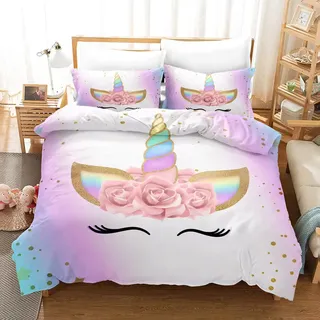 PQCXXA Einhorn Bettwäsche 220x240 für Mädchen Kinder, Atmungsaktiv Einhorn Bettbezug,Weich Mikrofaser Einhorn kinderbettwäsche mit Reißverschluss+65x65 Kissenbezüge,A1