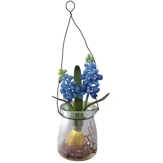 Kunstblumen MUSCARI im HÄNGEGLAS. Ca 15 cm. Traubenhyazinthe im RUNDEN Glas. BLAU -90