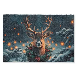MuchoWow Fußmatte Hirsch - Weihnachten - Winter - Schnee - Weihnachtskranz, Rechteckig, innen Schmutzfangmatte, Tür, Schmutzfänger Flur, Teppich 60x40 cm 60 cm x 40 cm
