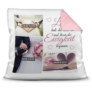 Print Royal Fotokissen zur Hochzeit - inkl. Kissenfüllung - Fotocollage mit Spruch und DREI eigenen Fotos - Hochzeitsgeschenk/Erinnerung Hochzeitstag/Geschenkidee - Farbkissen Rückseite Rosa