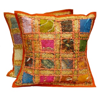 PUSHPACRAFTS Set mit 2 indischen Vintage-Kissenbezügen aus Baumwolle, quadratisch, mit Stickerei und Patchwork, 41 x 41 cm, Orange