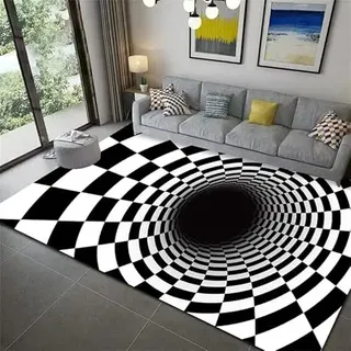 Vortex Teppich 3D Illusion Teppich Optische Täuschung Teppich 3D Matte Vortex Bodenlose Lochmatte 3D Swirl Teppich Karierter Teppich Schwarz und Weiß für Zuhause Schlafzimmer Wohnzimmer Badezimmer