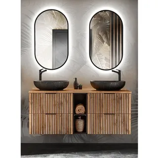 Lomadox Badezimmer Waschplatz Set Doppelwaschtisch mit Regal LED Spiegel anthrazit mit Eiche Nb. schwarze Rillen, b/h/t: ca. 140,6/200/46,5 cm