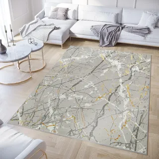 TAPISO Crystal Teppich Kurzflor Glänzend Hellgrau Gold Weiß Marmor Verwischt 3D Effekt Wohnzimmer Schlafzimmer Modern Design ÖKO-TEX 160 x 220 cm