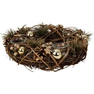 Weihnachtlicher Adventskranz aus Mehreren Materialien rund mit Gold/brauner Dekoration für Teelichter Durchmesser 34 cm