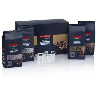 De'Longhi Kimbo for De'Longhi, Coffee Tasting Kit mit Kaffeebohnen 4 x 250g und zwei Espressogläsern DLSC316