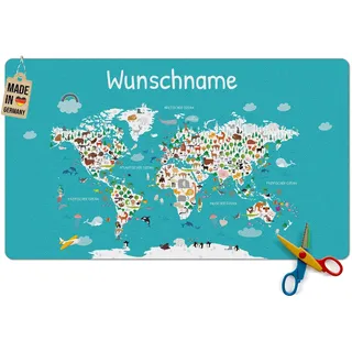 Pr Print Royal Schreibtischunterlage selbst gestalten mit Name - Weltkarte mit Tieren - Waschbar, Personalisierte Geschenke zur Einschulung | 60x35 cm, Rutschfest
