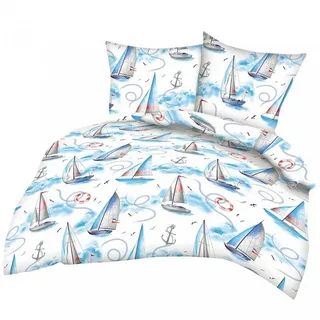 Heubergshop Bettwäsche, Seersucker, 2 teilig, 135x200cm + 80x80cm Segelschiff Maritime Anker 100% Baumwolle (817-1) blau