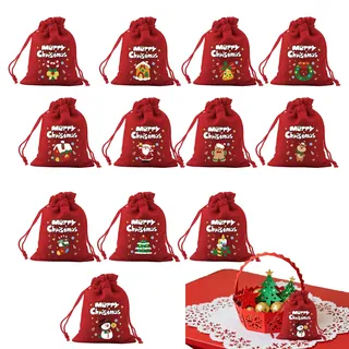 12 Stück Geschenktüten Weihnachten, kleine Stoffbeutel 10x14 cm, rot mit festlichen Motiven, wiederverwendbar für Geschenkverpackung, Adventskalender und Partydekoration