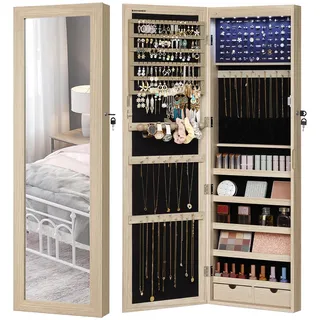 SONGMICS Schmuckschrank hängend, Wandspiegel, 6 LED-Glühbirnen | Abschließbarer Spiegelschrank, Wandschrank, Wandmontage, an der Tür hängend, Schwarz und Braun, BERIT Kollektion JJC093M01
