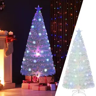 COSTWAY 180 cm Weihnachtsbaum Künstlich mit Beleuchtung, Tannenbaum mit bunten LED-Lichtern & Glasfaser & Sternspitze, Christbaum für Zuhause Büro Geschäfte Hotels, Weiß