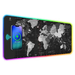 ToLuLu RGB Gaming Wireless Lade-Mauspad, 5/7,5/10/15W 10 Lichtmodi LED Mauspad Computer Tastatur Matte, 800x300x4mm Erweiterte Große Schreibtischmatte für Gaming, MacBook, Laptop, PC, Weltkarte