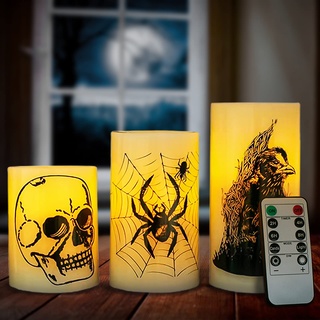 3 Halloween LED Kerzen und 1 Fernbedienung, Halloween-Dekoration, echtes Paraffinwachs-Kerzenlicht mit Totenkopf, Spinnennetz, Krähen-Raben-Aufkleber-Design