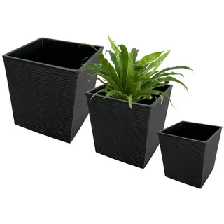 Engelland Pflanzkübel 3er Set Blumentöpfe aus recyceltem Kunststoff & Holz, WPC, Rillenoptik (Vorteils-Set, 3 St., UV-beständig, quadratisch, wetterfest), Blumenkübel für Garten, Balkon, Terrasse, Innen- und Außenbereich schwarz