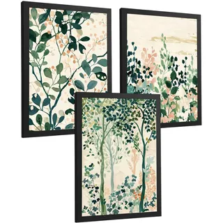 POSTER 3er-Set Wandbilder Floral Bäume modern Wohnzimmer Deko, Schlafzimmer, Küche, Badezimmer Schwarzer Rahmen A3