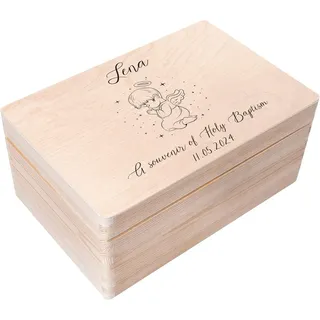 Creative Deco Personalisiert zur Taufe Geschenk für Mädchen und Junge | Engel Motiv | Holzkiste Erinnerungsbox Deko | Individuelles Geschenk Spielzeugkiste Holzbox mit Deckel | Spardose