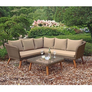 Lounge-Set Garten Sofa Eck Couch Alu anisbraun AkazieTerrasse Balkon Geflecht
