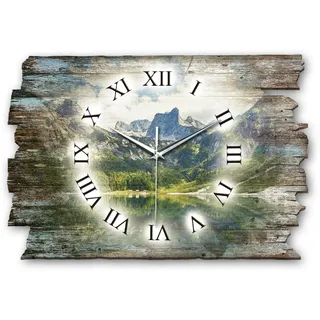 Kreative Feder Designer Wanduhr Alpen Berg See aus Holz Größe 40x27cm - Funkuhr im Landhaus-Stil Shabby-Style Made in Germany leise ohne Ticken (Alpen-Bergsee, leises Funkuhrwerk)
