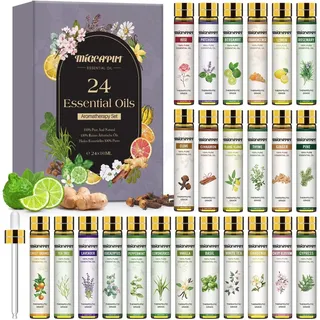 Migcaput Ätherische Öle Set Naturrein, 24X10ml Essential Oils GeschenkSet Aromatherapie Duftöle für Diffuser, Massage, Kerzen, Seife, Kosmetik - Weihrauch, Rose, Bergamotte, Gewürznelke, Kirschblüte