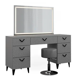 Vicco Schminktisch Anett Grau mit LED-Spiegel, Hocker 150 x 78 cm, 7 Schubladen