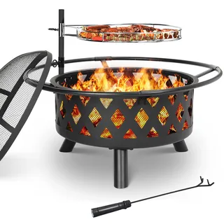 TLSUNNY Feuerschale mit Drehbarem Grillrost, Feuerschale Groß, Feuerschalen für den Garten mit Funkenschutz, Ø 76 cm Feuerkorb mit Schürhaken, 3PCS Beine, BBQ Feuerstelle Outdoor, Multifunktional