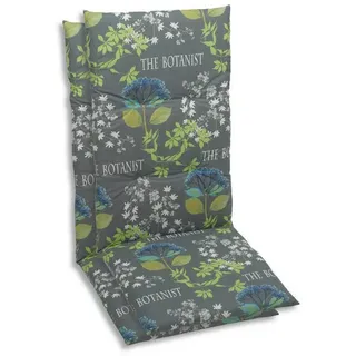 Sesselauflagenset, Grau, Grün, Blau, Textil, 2-teilig, Blume, Füllung: Schaumstoff, Vlies, 48x5x118 cm, Oeko-Tex® Standard 100, pflegeleicht, für den Außenbereich geeignet, mittels Gurtband zu befestigen, Outdoor-Kissen, Gartenstuhlauflagen, Hochlehner-Auflagen