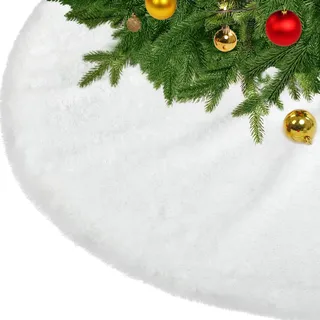 KONVINIT Weihnachtsbaumdecke Weiß Plüsch Christmasbaumdecke Kunstfell 90cm | Glitzer Weihnachtsbaumrock, gewebtes Karomuster, Decke unter Weihnachtsbaum, Tannenbaum Deck rund Weihnachtsbaum Teppich rund