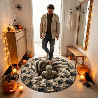 Halloween 3D Teppich Rund Optische Täuschung Innen Lustig Halloween Fußmatte, Gruseliger Wirbel Rundteppich mit Geist-Motiv, Weich & Rutschfest Bodenbelag 3D Illusion Rug für Home Party Decor, 80cm