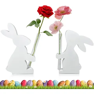 2 Sets Osterdeko Hase Hydrokultur-Vase,Hasen Blumenvase,Ostern reagenzglas vase,Osterhasen-Dekoration,für Hydrokultur Pflanzen, osterdeko Holz,Tisch Hause Büro Wohnzimmer Küche Deko