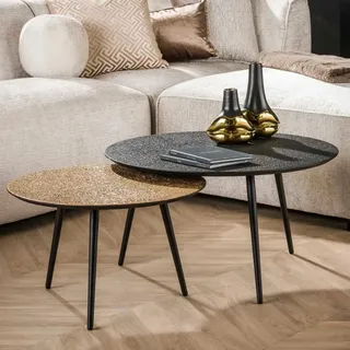RINGO-Living Sofa Couchtisch aus Holz Industrial Style 2er Set Beistelltische Vintage, runder Couch Tisch Schwarz Gold, moderner Echtholz Massivholz Wohnzimmertisch Set, modern Satztisch Industrie
