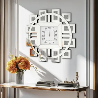 Artloge Kristall Wanduhr Groß Modern: Deko Uhren 80×80, Luxus Wohnzimmer Wanduhren Silber Tickenfreies Design Römische Ziffern für Wohnzimmer, Schlafzimmer, Küchen