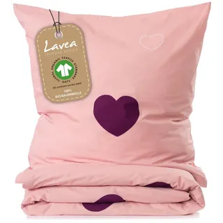 LAVEA Kinderbettwäsche Herzen Baumwolle Rosa 135 x 200 cm + 80 x 80 cm