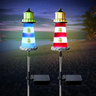 GOMETY 2 Stück LED Leuchtturm Garten Solar für Draussen, Upgraded IP65 Wasserdicht Gartendeko Lichter, Leuchtturm Lampe mit 7 wechselnden Farben, Solar Leuchtturm für Garten
