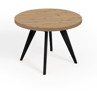 Runder Ausziehbarer Tisch für Esszimmer, LORA, Loft-Stil, Skandinavische, Durchmesser: 90 / 140 cm, Farbe: Eiche Artisan / Schwarz