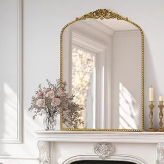 G-LEAF Antik Wandspiegel Gold Bogenform Barock - 60x90 cm Großer Vintage Spiegel mit Ornament-Krone, Eleganter Metallrahmen Dekospiegel für Badezimmer, Wohnzimmer & Flur