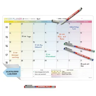 TOBJA Wandtafel A3 selbsthaftender Monatsplaner abwischbar inkl. Stifte, Wochenplaner Whiteboard Planer