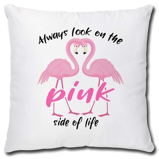 TRIOSK Kissen Flamingo Always Look on The Pink Side, Geschenk Frauen Freundin Dekokissen Bezug inkl. Füllung Reißverschluss, Weiß Rosa, 40x40 cm