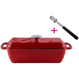 Sallys Brotbackform Hochwertiger Gusseisen-Bräter & Brotbackform Baba – 2,8 l rechteckig, (ideal zum Brotbacken & Braten, flach & gleichmäßig hitzebeständig Grill/Backofen), 38,6×13,6 ×14,5 cm / 2,8 l, Vollgusseisen mit Emaille rot
