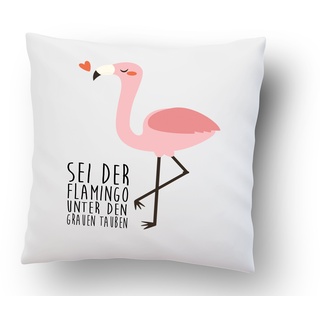 Kissen mit Spruch: ''Sei der Flamingo unter den grauen Tauben'' - 40cm x 40cm - Kissen inkl. Füllung - Deko Kissen - hochwertige Qualität - Made in Germany - weiß - Flamingo - Pink - Federn