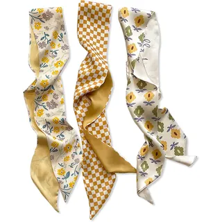 LumiSyne 3 Stück Seidenschal Skinny Schal Damen Mädchen Schmaler Lange Halstuch Frischer Blume Druck Schachbrett Polka Dots Muster Satin Ribbon Seidentüch Kopfschmuck Haarschal Handtasche Griff Band - Einheitsgröße